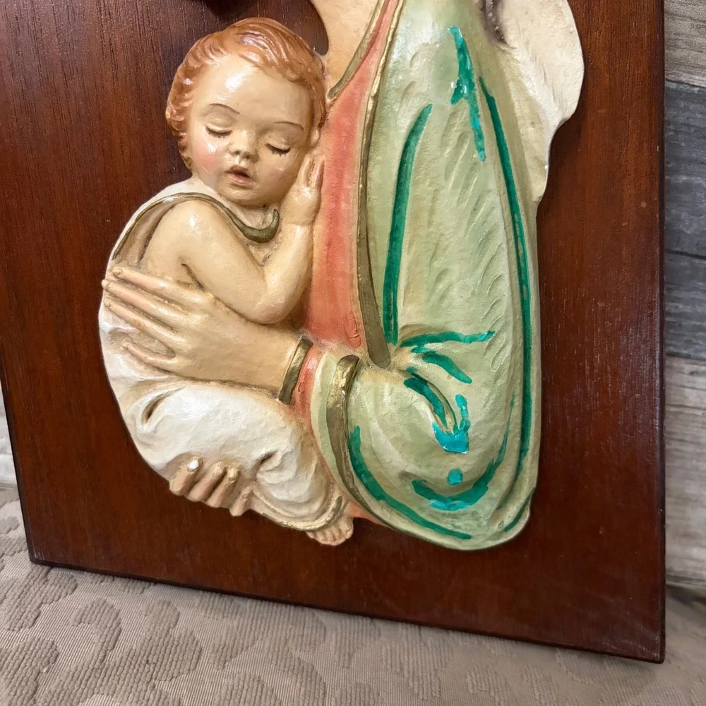 Santa Teresita Virgin Mary & Baby Jesus Wood Wall Plaque Peru Vintage chalkware